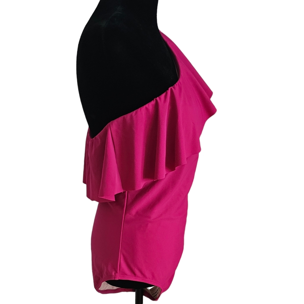 KONA SOL Women's Ruffle One Shoulder Full Coverage One Piece Swimsuit Pink L - Picture 4 of 10
